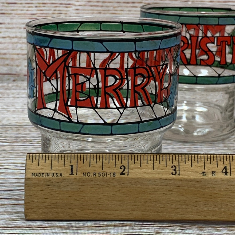 Merry Christmas Drink Glasses Set of 4 Stained Glass Style Holiday Barware - Picture 8 of 8